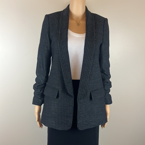 Veronica Beard Black Tonal Stripe Ruched Sleeve Long Open Blazer - Picture 1 of 6